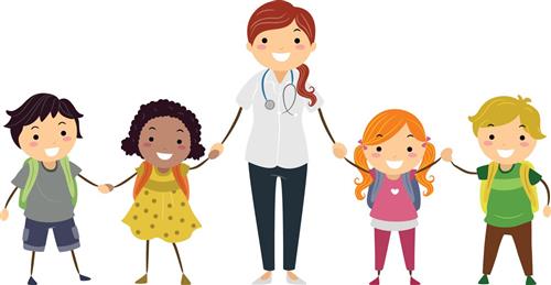 school nurse holding hands with four students